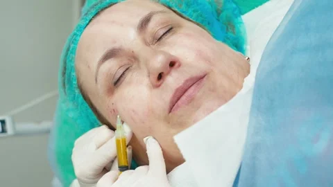 Close-up of a client's face receiving plasma injection under the skin. Stock Footage 272753435