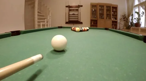 Close up clip of a billiard ball triangle during the break shot, visible cue Stock Footage 46894350