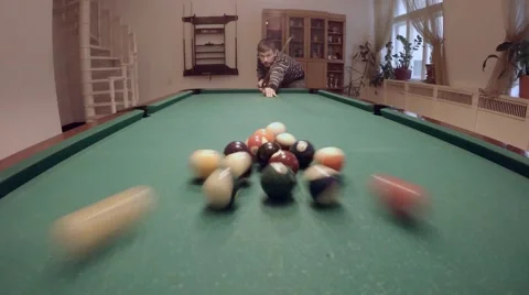 Close up clip of a billiard ball triangle during the break shot Stock Footage 46894673