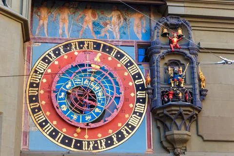 Close-up of clock face of Zytglogge clock tower at the old town of Bern Stock Photos