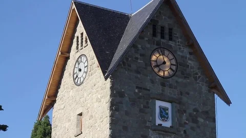 Close up of the clock tower at the Bariloche  Civic center Stock Footage 76197284