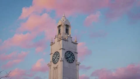 Close Up of the Clock Tower in the Old Port Montreal at Sunset, Canada Stock Footage 107681113