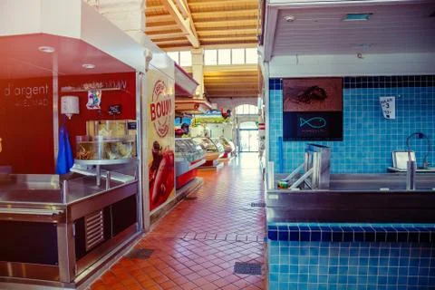 Close up of closed merchant counters in a covered market Stock Photos