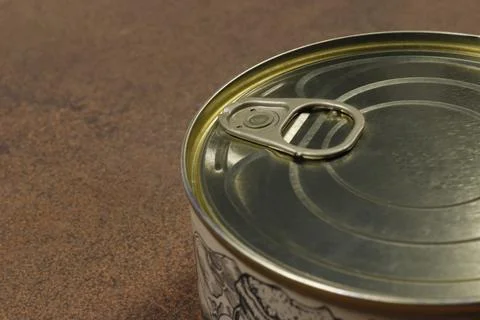 Close-up of a closed tin can with a key to open it. Stock Photos