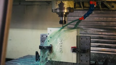 Close up of CNC milling machine cutting material with cooling fluid in Stock Footage 341569451