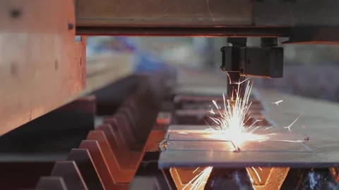 Close Up of CNC Plasma Cutting Machine Cutting Steel Plate for Heavy Industry Stock Footage 341844763