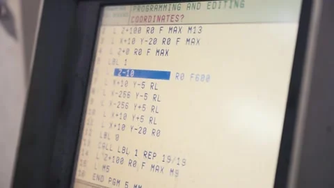 Close up of CNC programming code screen in industrial manufacturing factory Video stock 341569462