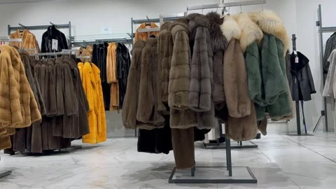 Close-up coat rack showcasing fur coats in boutique: brown and green fur jackets Stock Footage 322028831