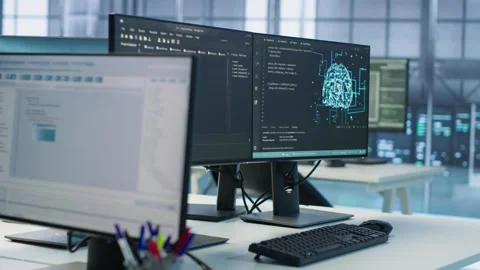 Close up of code on computer screens in server hub used for AI data processing Video stock 319243714