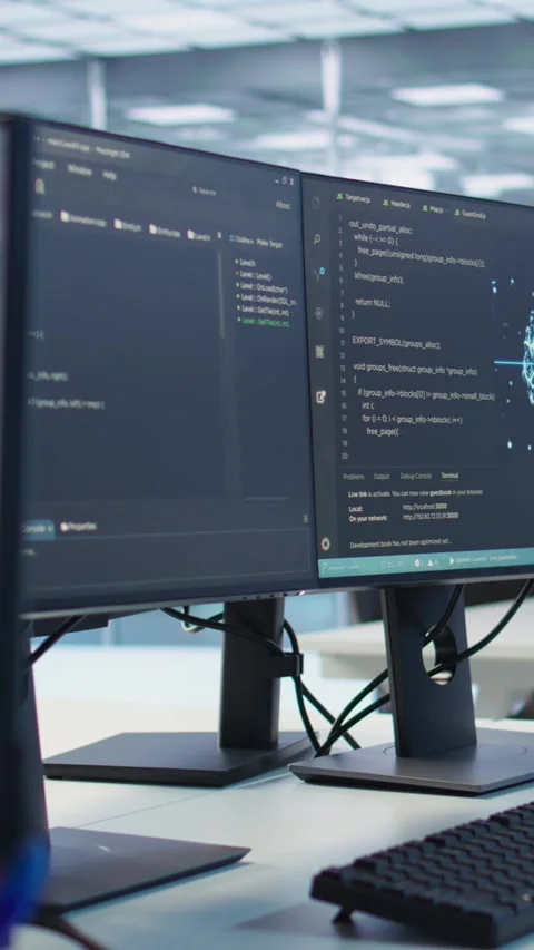 Close up of code on computer screens in server hub used for AI data processing Video stock 319549037