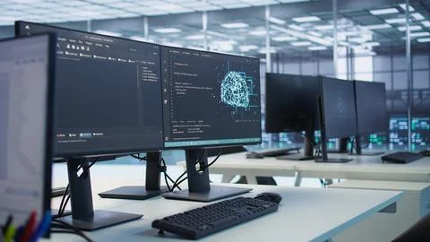 Close up of code on computer screens in server hub used for AI data processing 写真素材
