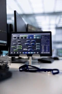 Close up of code lines on tablet in server room used for machine learning Stock Photos