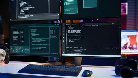 Close up of code running on computer displays in empty apartment used by hacker 写真素材