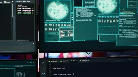 Close up of code running on computer displays in empty apartment used by hacker 写真素材