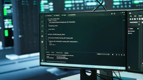 Close up on code running on computer screens in advanced server hub Stock Footage 280717076
