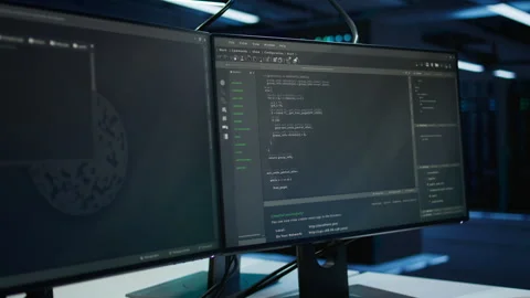 Close up of code running on computer screens in modern server room Stock Footage 280800958