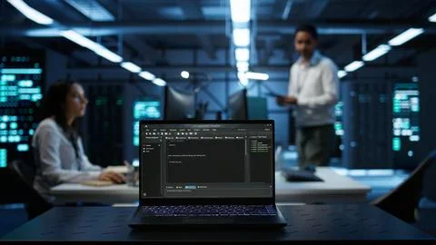 Close up of code running on laptop screen in data center 写真素材