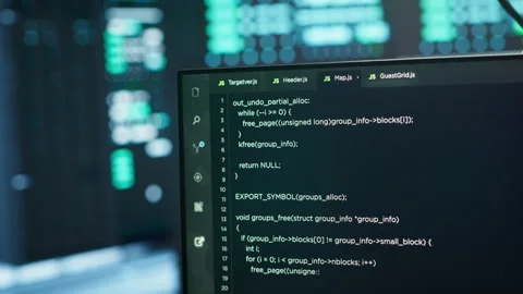 Close up of code running on PC display in high tech data center Stock Footage 280801761