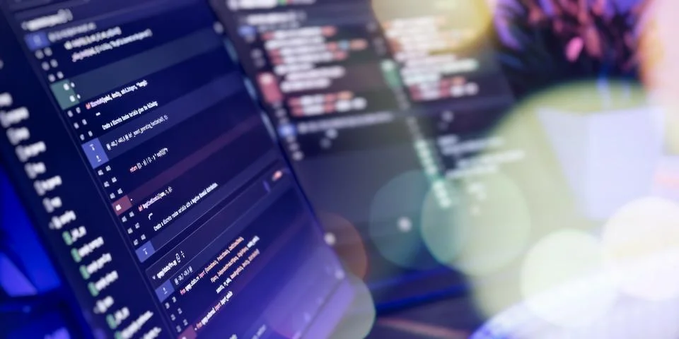 Close-up of coding screens in modern workspace Stockfoto's