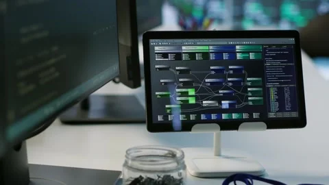 Close up of coding software on tablet in server room Stock Footage 319536112
