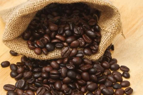 Close up of coffee beans in a bag Stock Photos