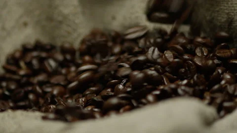 Close-up Coffee beans drop inside burlap Stock Footage 142071605