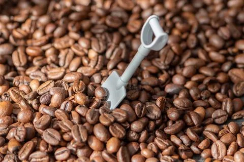 Close-up coffee beans with small scoop surrounded by roasted beans Fotos de archivo