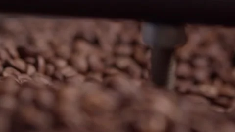Close-up of coffee beans stirring in the machine Stock Footage 199473170