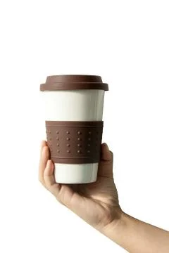 Close up coffee cup in hand on isolate background Stock Photos