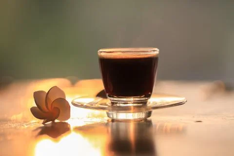 Close up coffee in glass on table Stock Photos