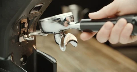 Close-up, coffee machine holder fill up ground espresso machine, professional Stock-Footage 88743618