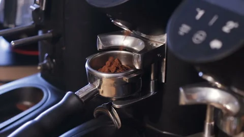 Close-up coffee machine holder fill up. Espresso machine. Video stock 105159625