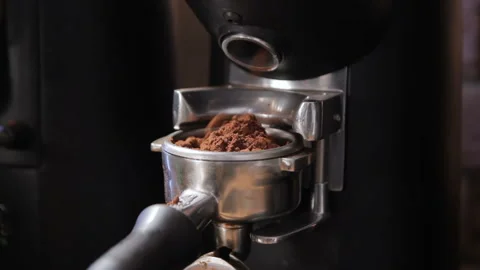 Close-up coffee machine holder fill up. Espresso machine. Stock Footage 105160035