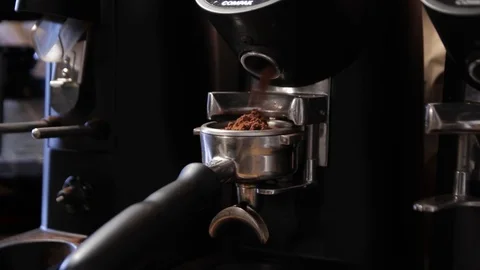 Close-up coffee machine holder fill up. Espresso machine. Video stock 123363073