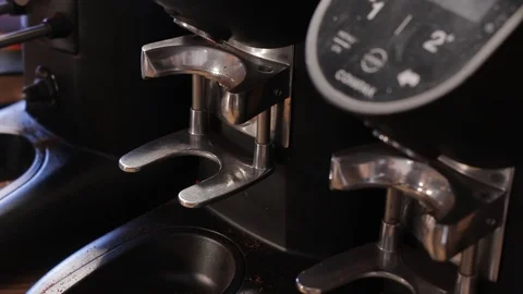Close-up coffee machine holder fill up. Espresso machine. Stock Footage 123858754