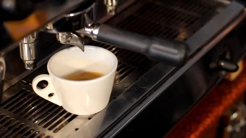 Close up coffee maker machine with white coffee cup. Coffee machine prepares Stock Footage 89444730