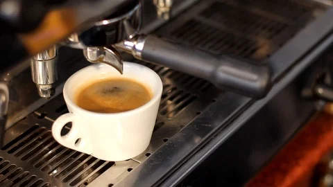 Close up coffee maker machine with white coffee cup. Coffee machine prepares Stock Footage 89444766