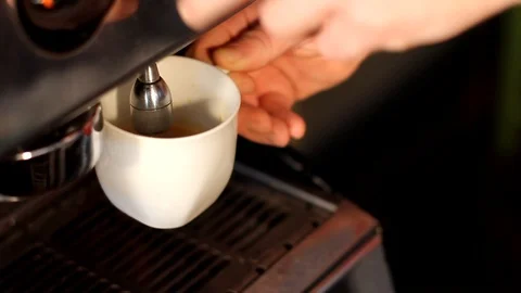 Close up coffee maker machine with white coffee cup. Coffee machine prepares 스톡 동영상 89444794