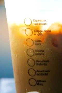 Close up coffee menu on the cup of ice coffee Stock Photos