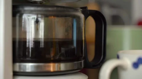 Close up coffee pouring espresso cup automatic caffeine brew dark service in 4k Stock Footage 336561951