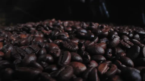 Close-up of coffee seeds. Fragrant coffee beans are poured into the bag Stock Footage 148766056