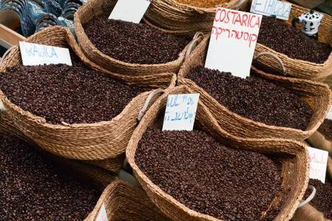 Close Up Coffee Wicker Baskets in Arabic Market Costa Rica Coffee Brasile Cof Stock Photos