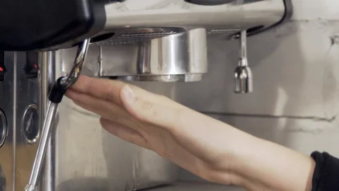 The close up of coffeemachine which is being prepared for cooking hot drinks. Stock Footage 85493244