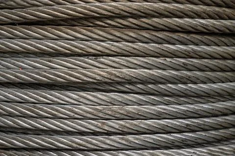 Close-up of Coil large Wire rope sling or Cable sling drum reels stocked in s Foto stock