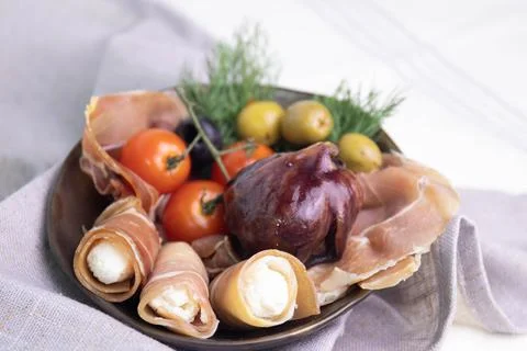 Close up Cold Cut Platter and Cheese Stock Photos