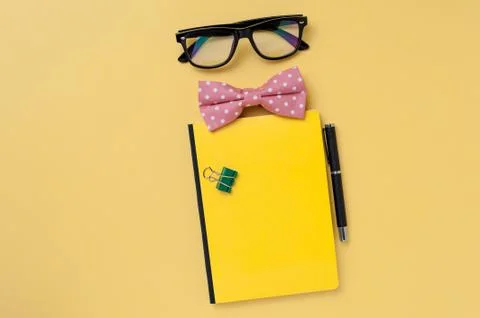Close up collage of eyeglasses with office stuff Stock Photos