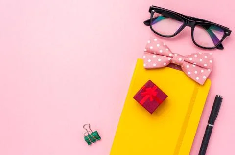 Close up collage of eyeglasses with office stuff Stock Photos