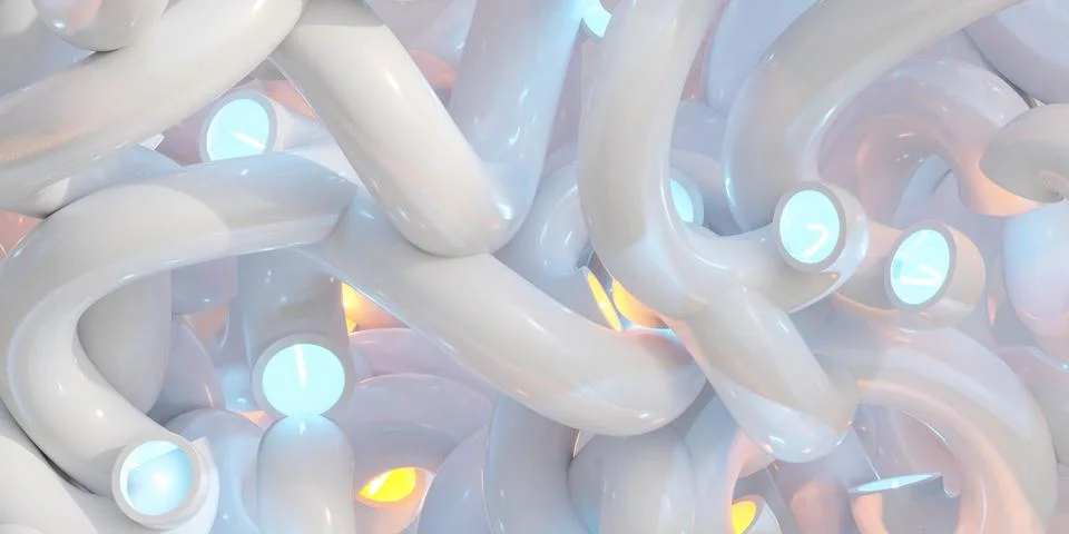 Close Up of a Collection of White futuristic Objects with orange and blue lights Illustrazione stock