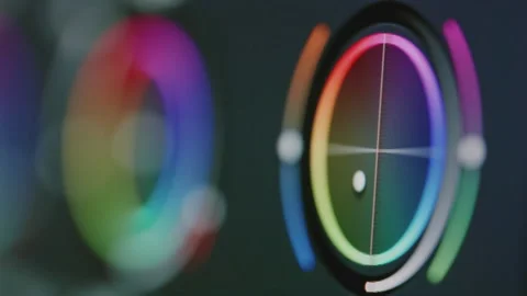 Close-up of color grading ring on laptop. Correction wheel, change tint or hue Stock Footage 321599680
