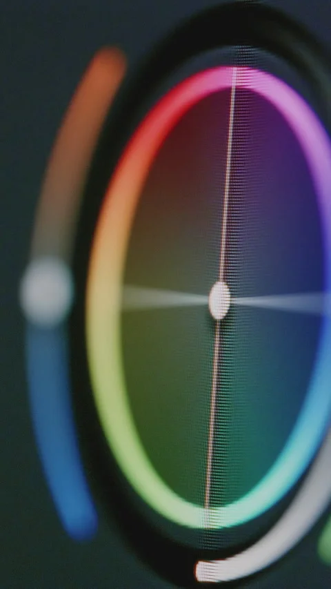 Close-up of color grading ring on laptop. Correction wheel, change tint or hue Stock Footage 327346150